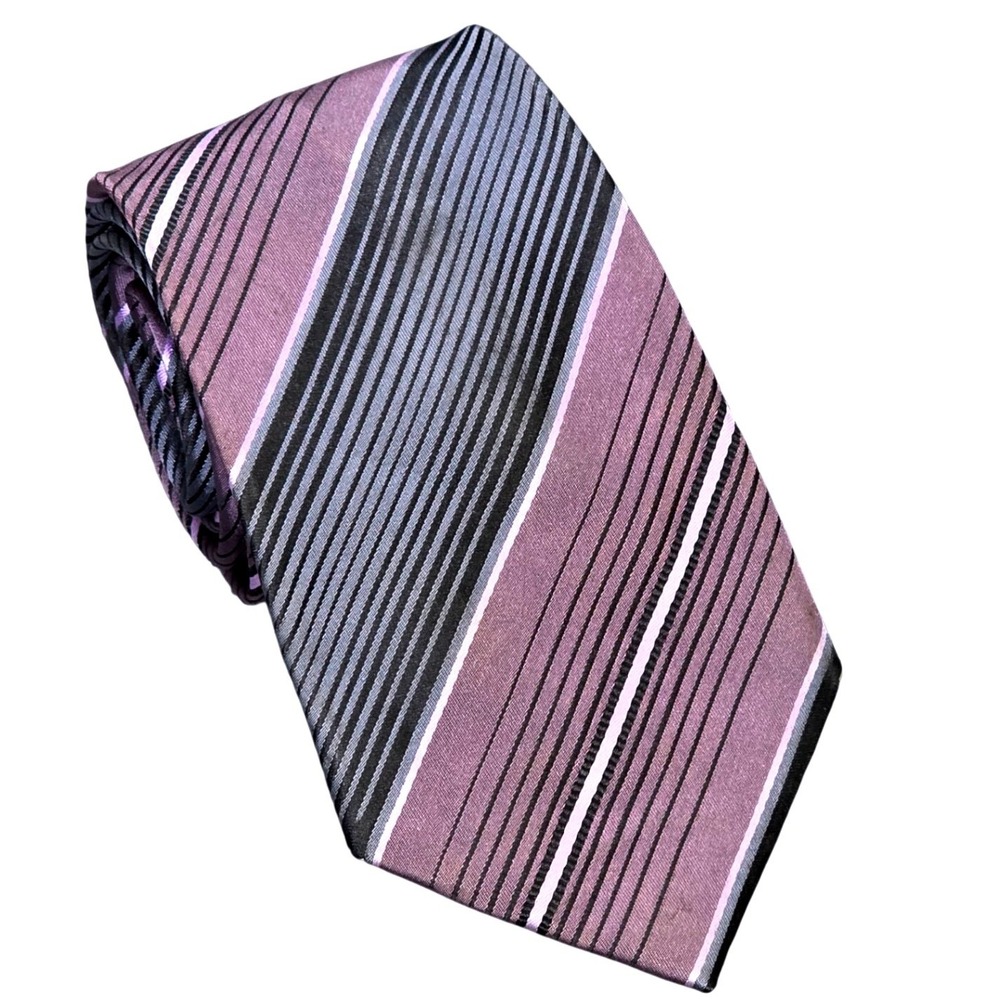 Umo Lorenzo Silk Necktie Men's Purple Grey Black Diagonal Striped Hand Made